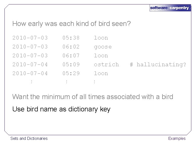 How early was each kind of bird seen? 2010 -07 -03 2010 -07 -04