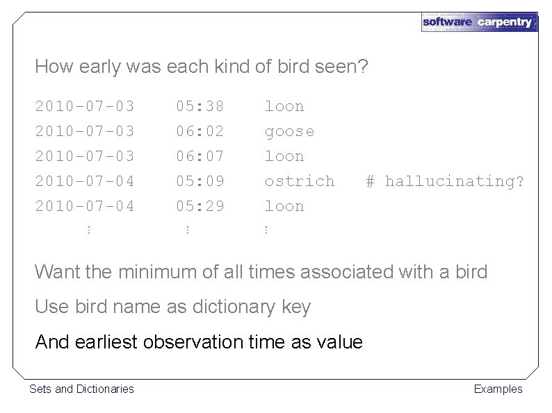 How early was each kind of bird seen? 2010 -07 -03 2010 -07 -04