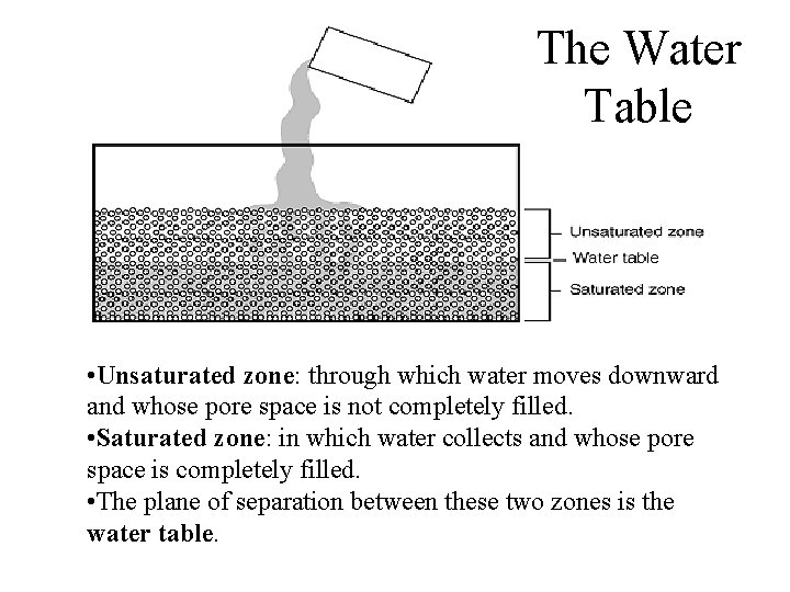 The Water Table • Unsaturated zone: through which water moves downward and whose pore