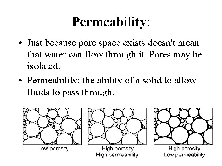 Permeability: • Just because pore space exists doesn't mean that water can flow through