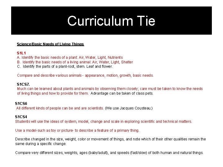 Curriculum Tie Science/Basic Needs of Living Things S 1 L 1 A. Identify the