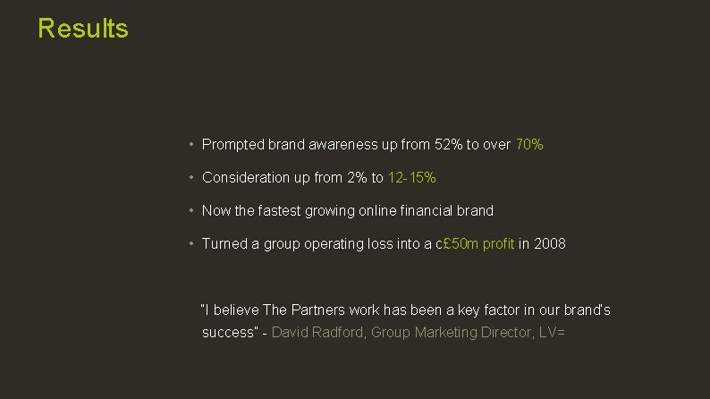 Results • Prompted brand awareness up from 52% to over 70% • Consideration up