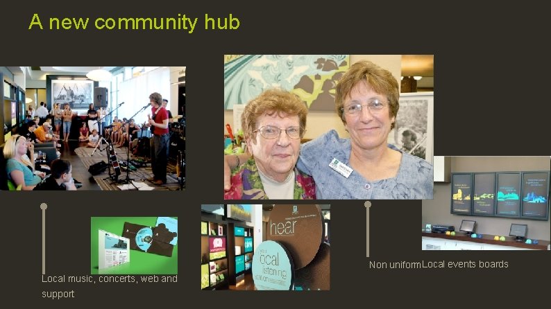 A new community hub Non uniform. Local events boards Local music, concerts, web and