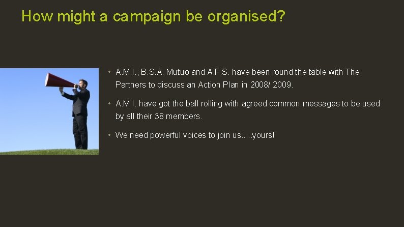 How might a campaign be organised? • A. M. I. , B. S. A.