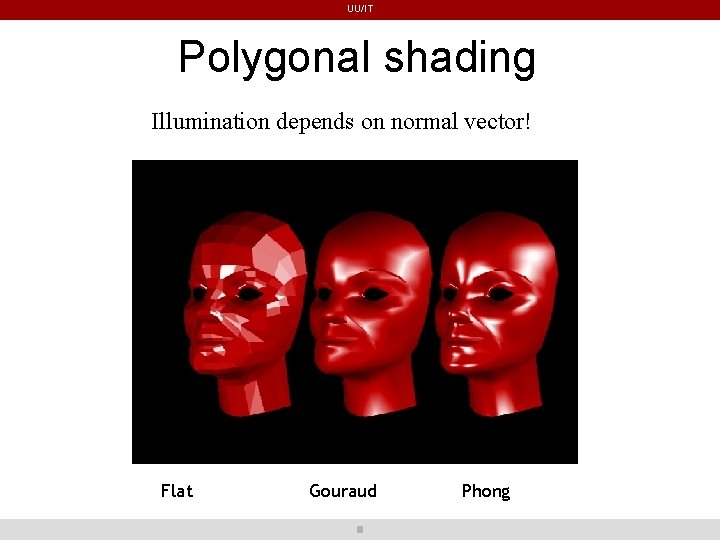 UU/IT Polygonal shading Illumination depends on normal vector! Flat Gouraud Phong UU/IT Polygonal shading Illumination depends on normal vector! Flat Gouraud Phong
