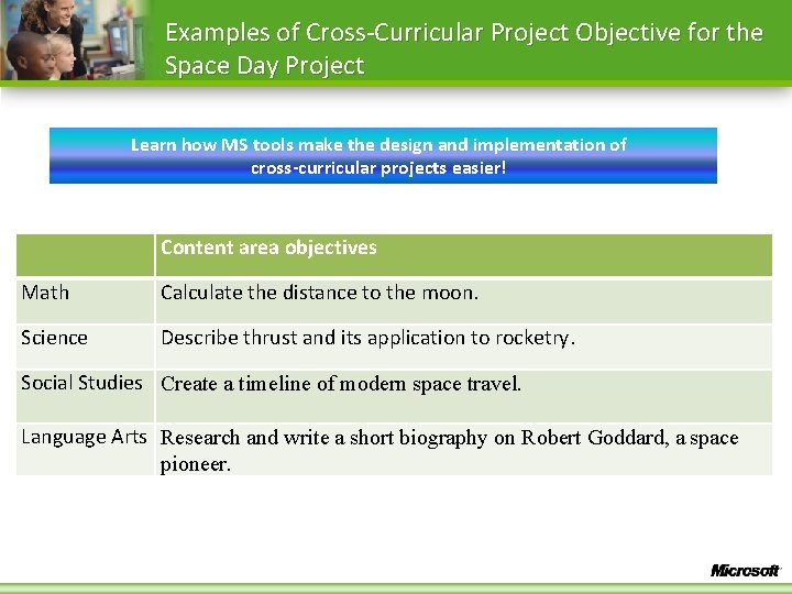 Examples of Cross-Curricular Project Objective for the Space Day Project Learn how MS tools