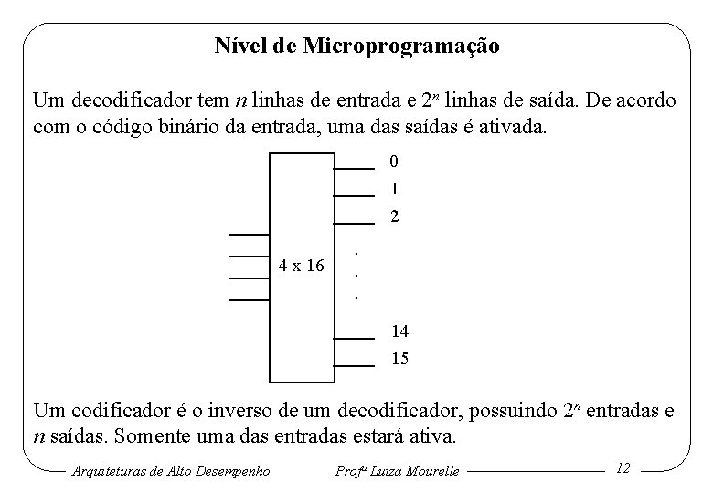 Nível de Microprogramação Um decodificador tem n linhas de entrada e 2 n linhas