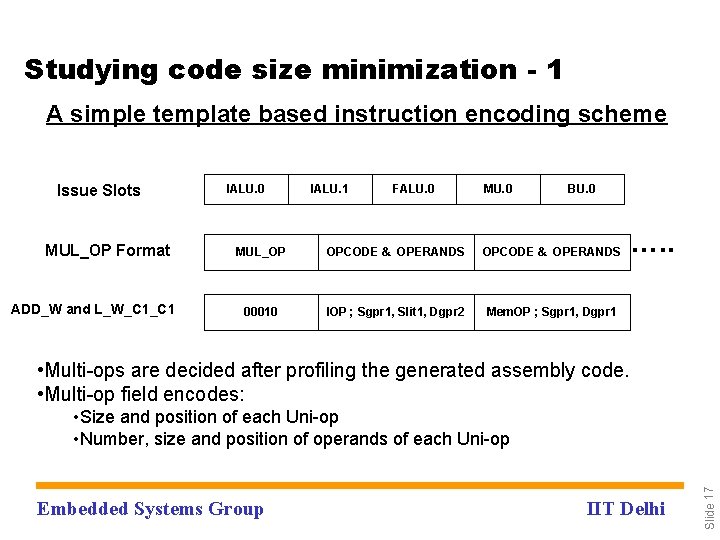 Studying code size minimization - 1 A simple template based instruction encoding scheme Issue