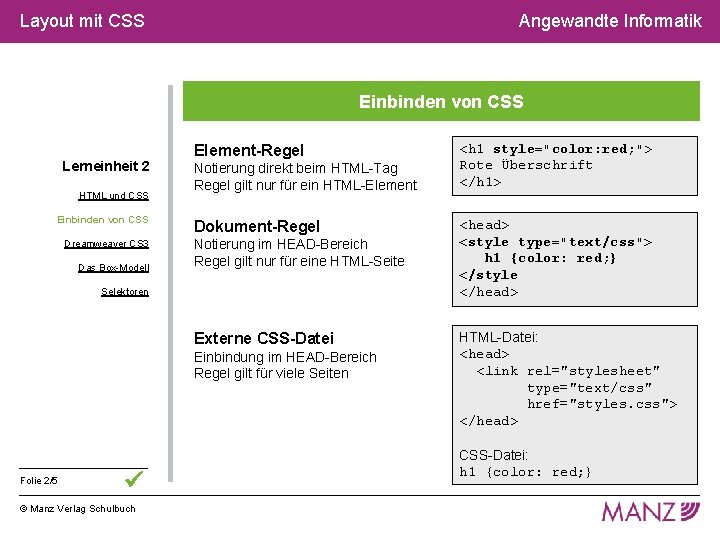 Layout mit CSS Angewandte Informatik Einbinden von CSS Lerneinheit 2 HTML und CSS Einbinden