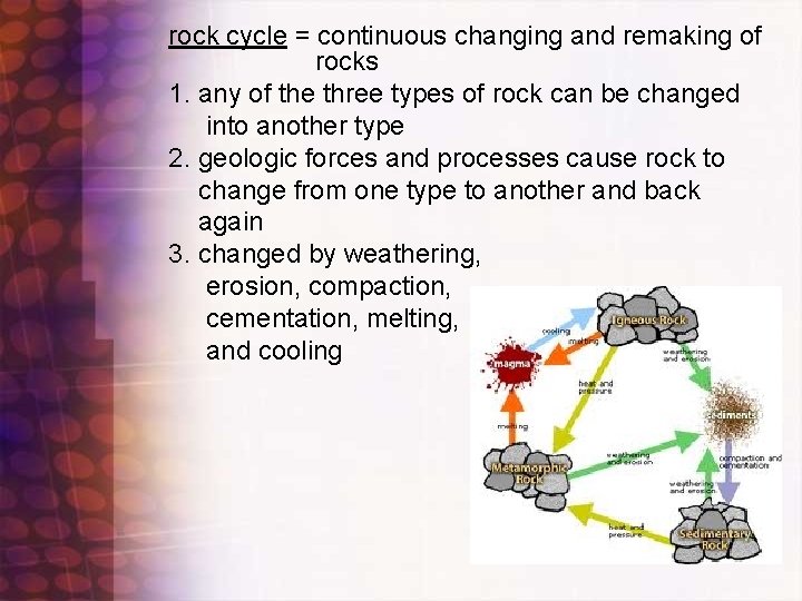 rock cycle = continuous changing and remaking of rocks 1. any of the three