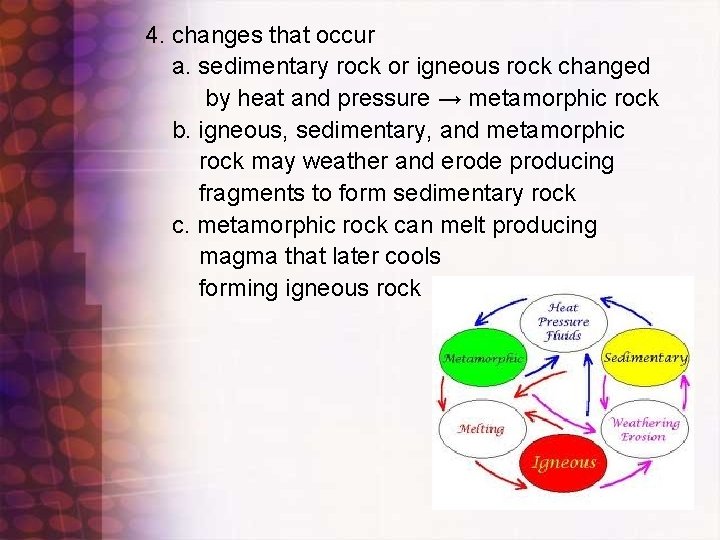 4. changes that occur a. sedimentary rock or igneous rock changed by heat and