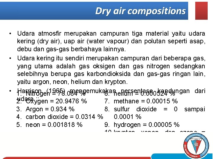 Dry air compositions • Udara atmosfir merupakan campuran tiga material yaitu udara kering (dry
