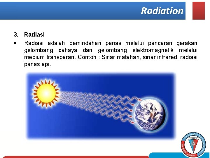 Radiation 3. Radiasi § Radiasi adalah pemindahan panas melalui pancaran gerakan gelombang cahaya dan