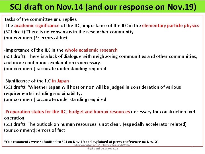 SCJ draft on Nov. 14 (and our response on Nov. 19) Tasks of the