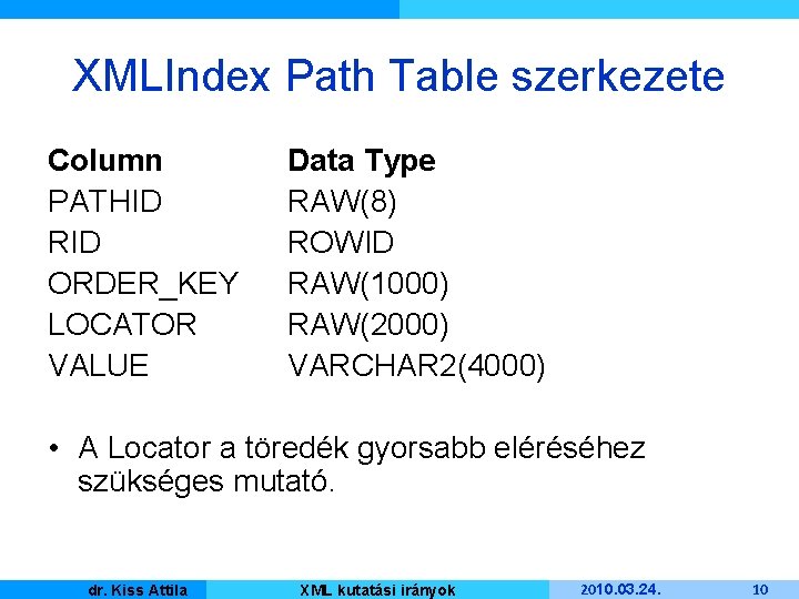 XMLIndex Path Table szerkezete Column PATHID RID ORDER_KEY LOCATOR VALUE Data Type RAW(8) ROWID