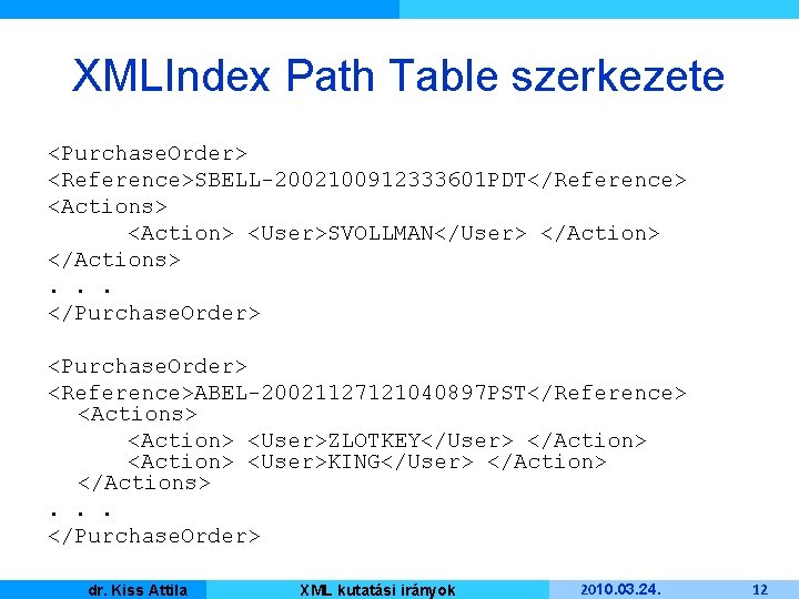 XMLIndex Path Table szerkezete <Purchase. Order> <Reference>SBELL-2002100912333601 PDT</Reference> <Actions> <Action> <User>SVOLLMAN</User> </Actions>. . .