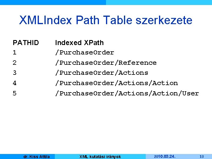 XMLIndex Path Table szerkezete PATHID 1 2 3 4 5 Kiss Attila Master dr.