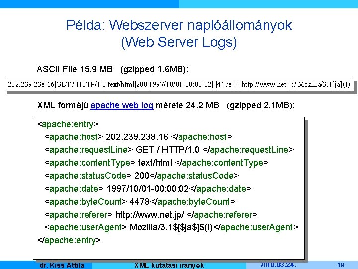 Példa: Webszerver naplóállományok (Web Server Logs) ASCII File 15. 9 MB (gzipped 1. 6