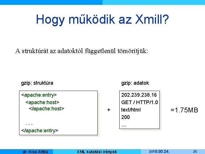 Hogy működik az Xmill? A struktúrát az adatoktól függetlenül tömörítjük: gzip: struktúra gzip: adatok