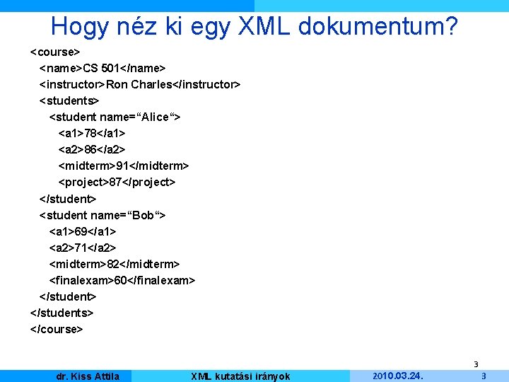 Hogy néz ki egy XML dokumentum? <course> <name>CS 501</name> <instructor>Ron Charles</instructor> <students> <student name=“Alice“>