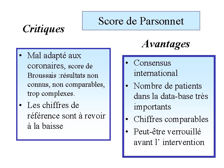 Critiques Score de Parsonnet Avantages • Mal adapté aux coronaires, score de Broussais :