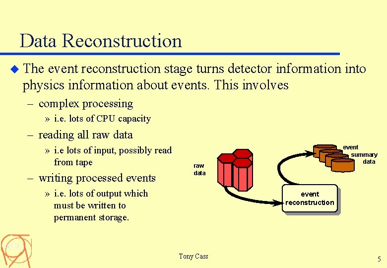 Data Reconstruction u The event reconstruction stage turns detector information into physics information about