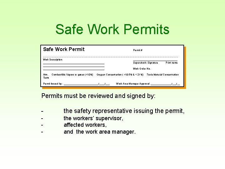 Safe Work Permits Safe Work Permit # ---------------------------------------------------------------------------------Work Description: ______________________________________ Supervisor’s Signature Print name