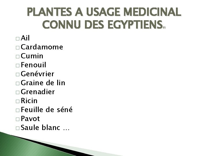 PLANTES A USAGE MEDICINAL CONNU DES EGYPTIENS 11 � Ail � Cardamome � Cumin