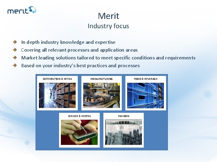 Merit Industry focus In depth industry knowledge and expertise Covering all relevant processes and