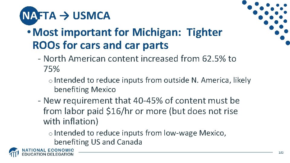 NAFTA → USMCA • Most important for Michigan: Tighter ROOs for cars and car