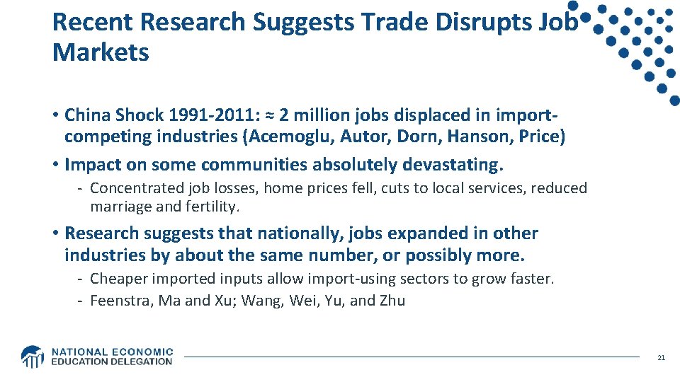 Recent Research Suggests Trade Disrupts Job Markets • China Shock 1991 -2011: ≈ 2