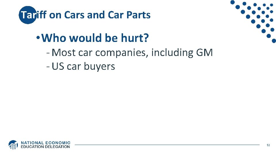 Tariff on Cars and Car Parts • Who would be hurt? - Most car
