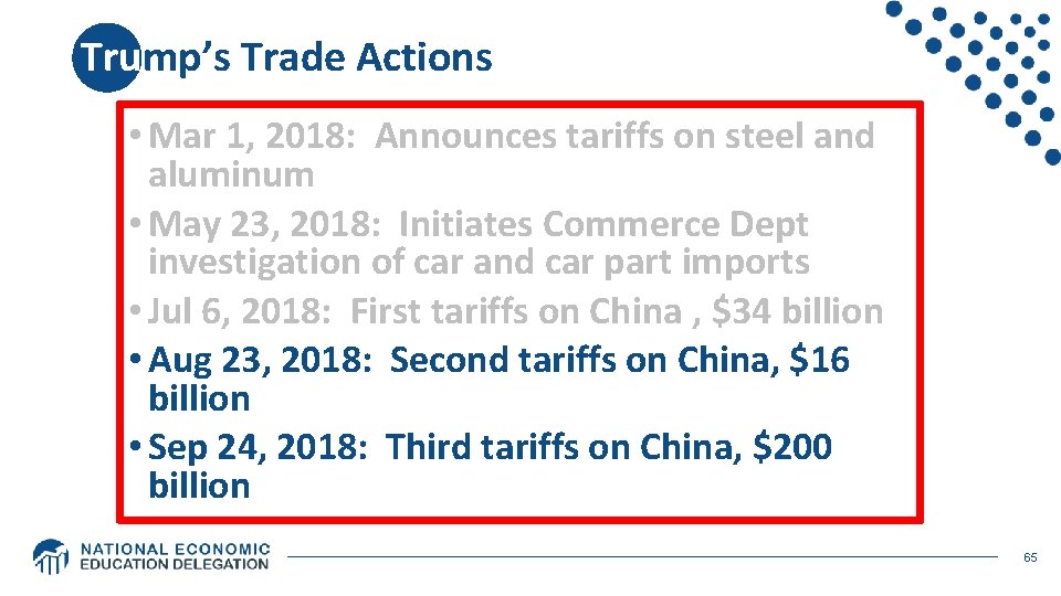 Trump’s Trade Actions • Mar 1, 2018: Announces tariffs on steel and aluminum •