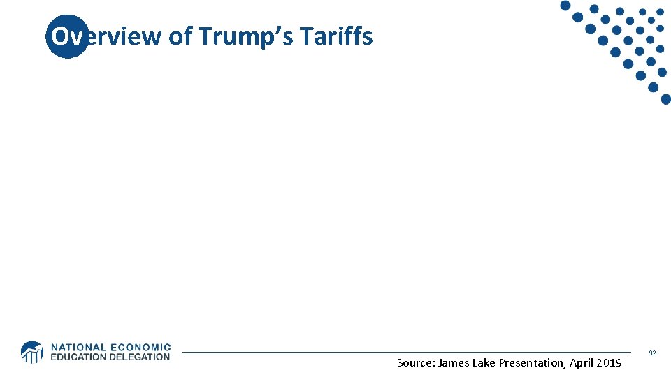 Overview of Trump’s Tariffs Source: James Lake Presentation, April 2019 92 