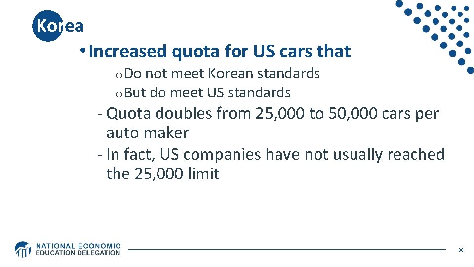 Korea • Increased quota for US cars that o Do not meet Korean standards