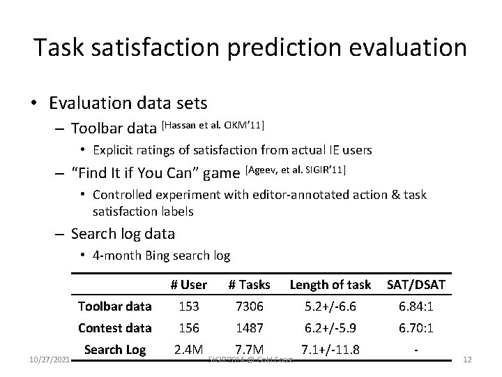 Task satisfaction prediction evaluation • Evaluation data sets – Toolbar data [Hassan et al.