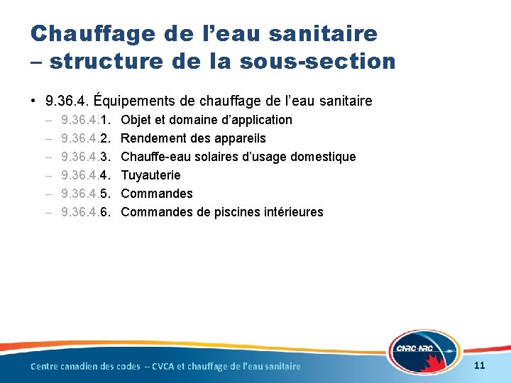 Chauffage de l’eau sanitaire – structure de la sous-section • 9. 36. 4. Équipements