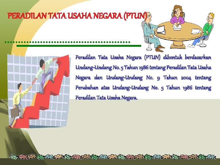 PERADILAN TATA USAHA NEGARA (PTUN) Peradilan Tata Usaha Negara (PTUN) dibentuk berdasarkan Undang-Undang No.