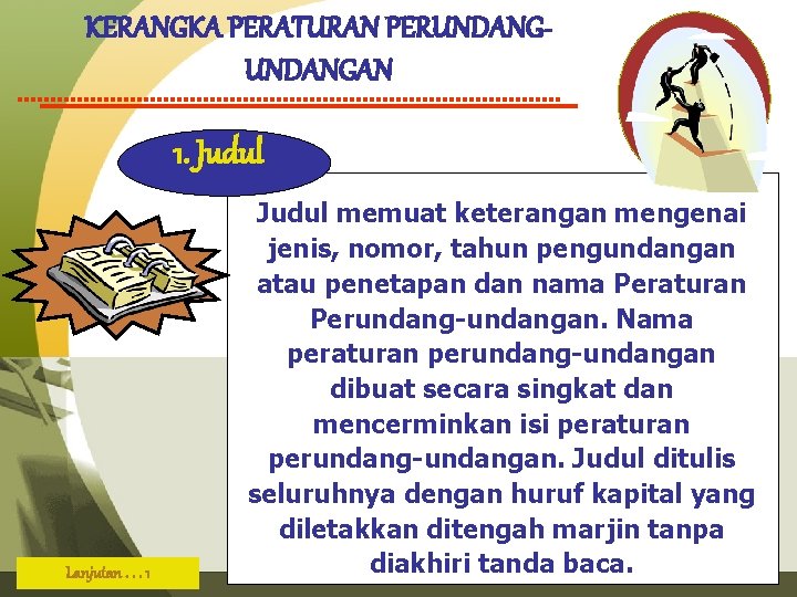 KERANGKA PERATURAN PERUNDANGAN 1. Judul Lanjutan. . . 1 Judul memuat keterangan mengenai jenis,