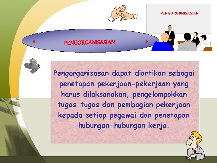 PENGORGANISASIAN Pengorganisasan dapat diartikan sebagai penetapan pekerjaan-pekerjaan yang harus dilaksanakan, pengelompokkan tugas-tugas dan pembagian