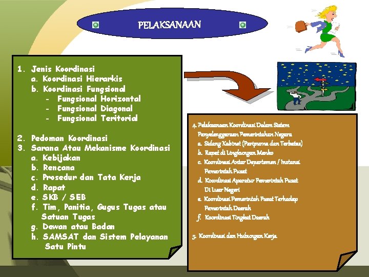 PELAKSANAAN 1. Jenis Koordinasi a. Koordinasi Hierarkis b. Koordinasi Fungsional - Fungsional Horizontal -