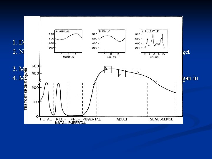 Major epochs in testosterone production 1. Differentiation and development of fetal reproductive tract 2.