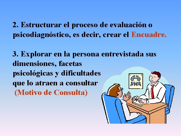 2. Estructurar el proceso de evaluación o psicodiagnóstico, es decir, crear el Encuadre. 3.