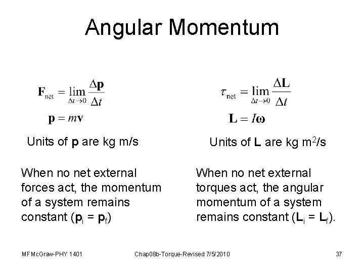 Angular Momentum Units of p are kg m/s When no net external forces act,