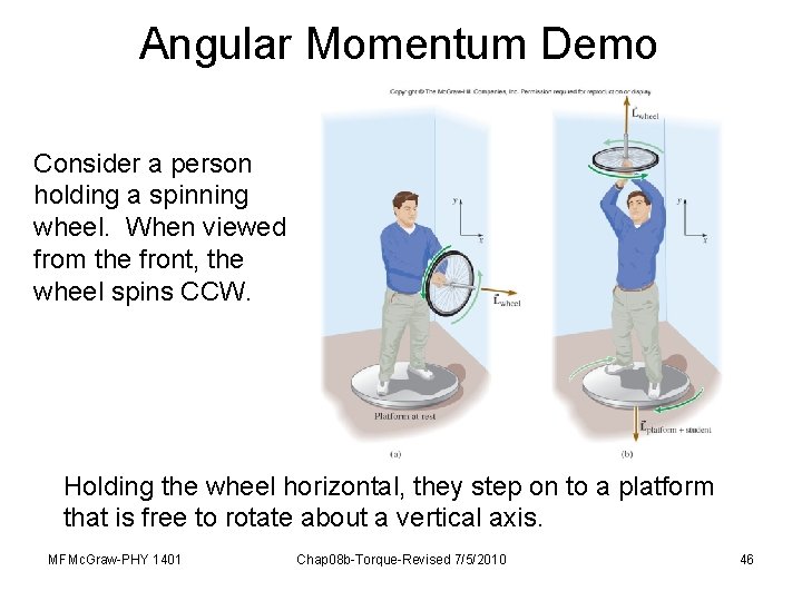 Angular Momentum Demo Consider a person holding a spinning wheel. When viewed from the