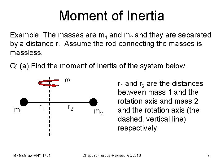 Moment of Inertia Example: The masses are m 1 and m 2 and they