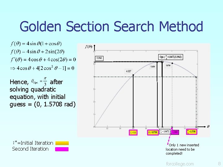 Golden Section Search Method Hence, after solving quadratic equation, with initial guess = (0,