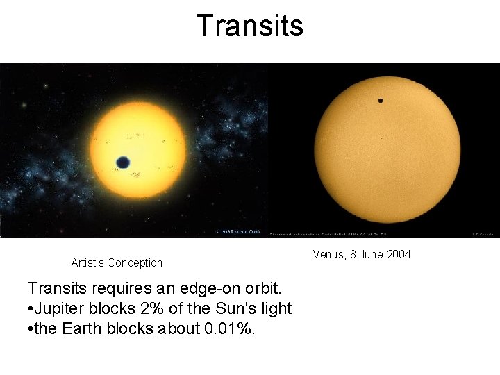 Transits Artist’s Conception Transits requires an edge-on orbit. • Jupiter blocks 2% of the