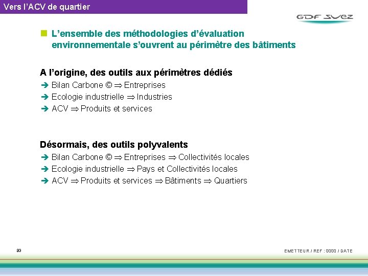 Vers l’ACV de quartier n L’ensemble des méthodologies d’évaluation environnementale s’ouvrent au périmètre des