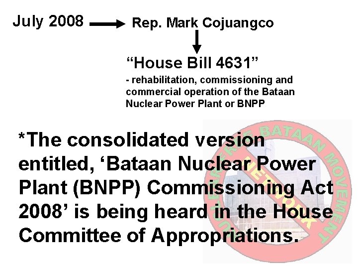July 2008 Rep. Mark Cojuangco “House Bill 4631” - rehabilitation, commissioning and commercial operation